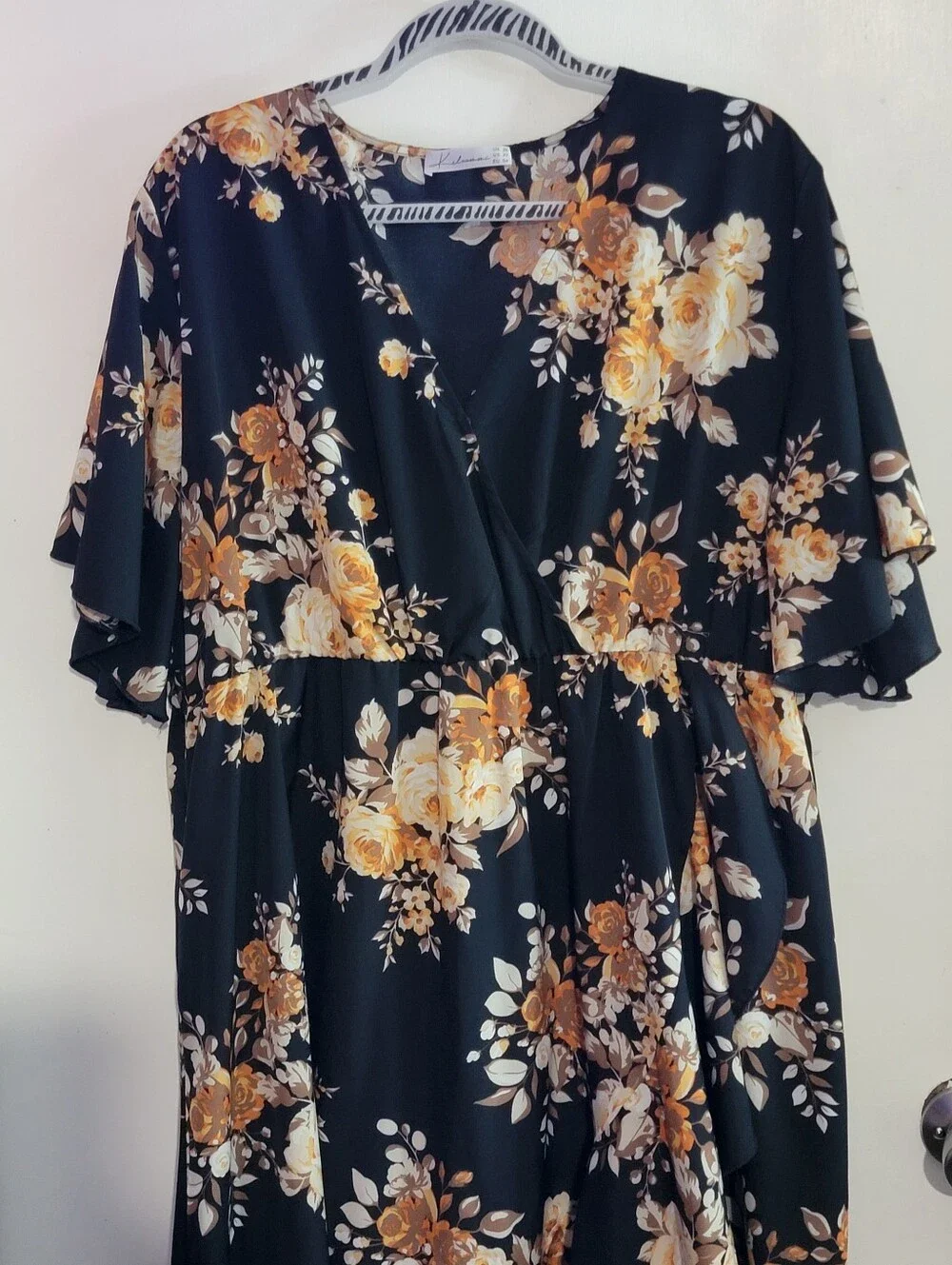 Floral Faux Wrap High Low Dress in Black and Mustard - Picture 3 of 10